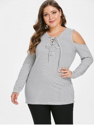 

Plus Size Lace Up Striped T Shirt, Multi