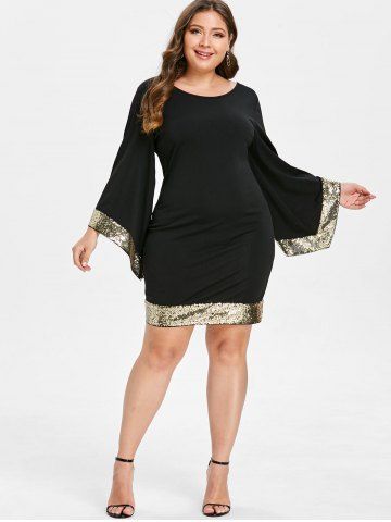 

Bell Sleeve Sequins Plus Size Dress, Black