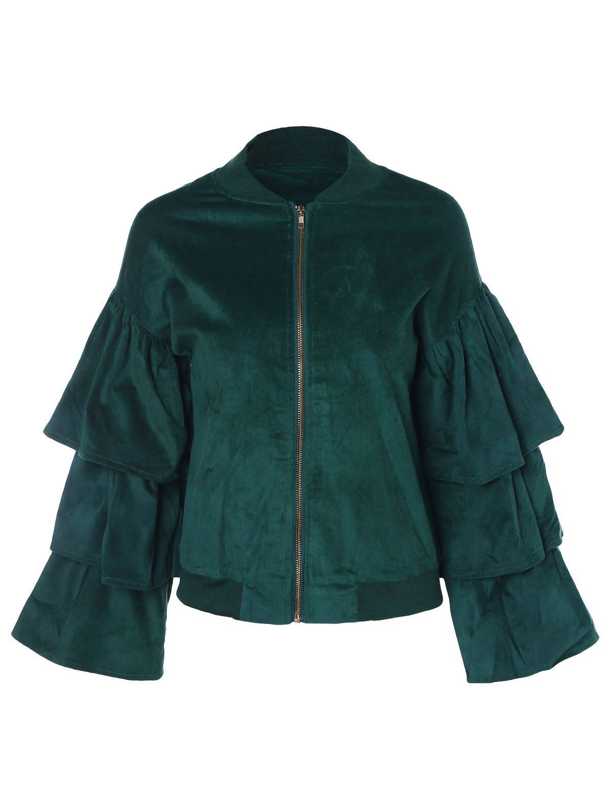 

Layered Ruffles Zip Up Faux Suede Jacket, Dark green