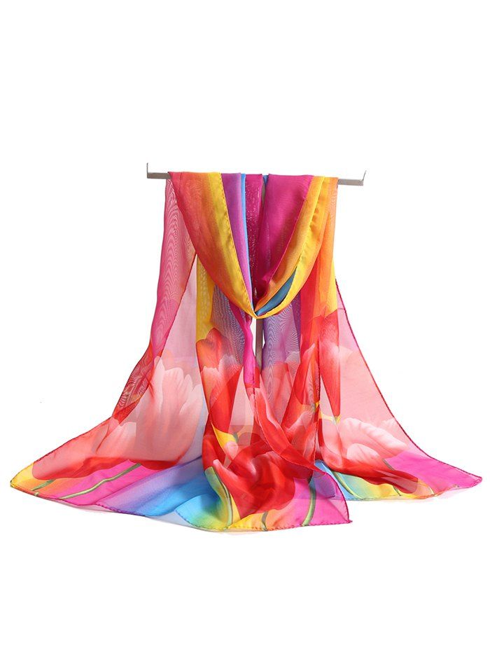 

Lightweight Booming Floral Silky Long Scarf, Rose red