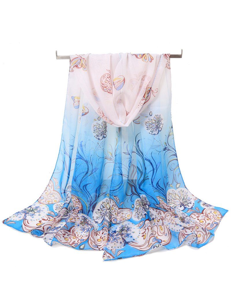 

Elegant Flying Butterfly Floral Long Scarf, Sky blue