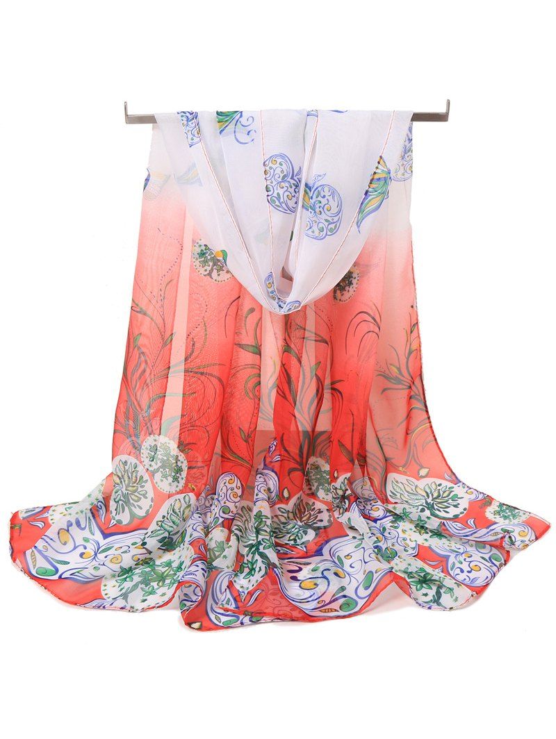 

Elegant Flying Butterfly Floral Long Scarf, Red