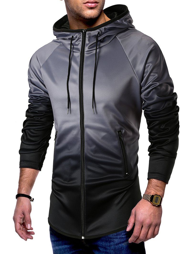 

Raglan Sleeve Zip Pockets Drawstring Hoodie, Ash gray