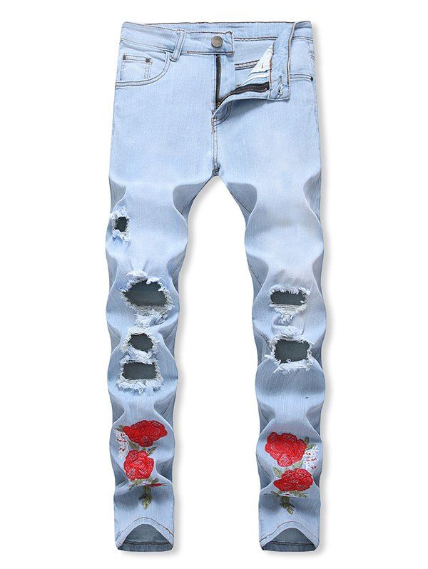 

Flowers Embroidered Stretchy Zip Fly Jeans, Light blue