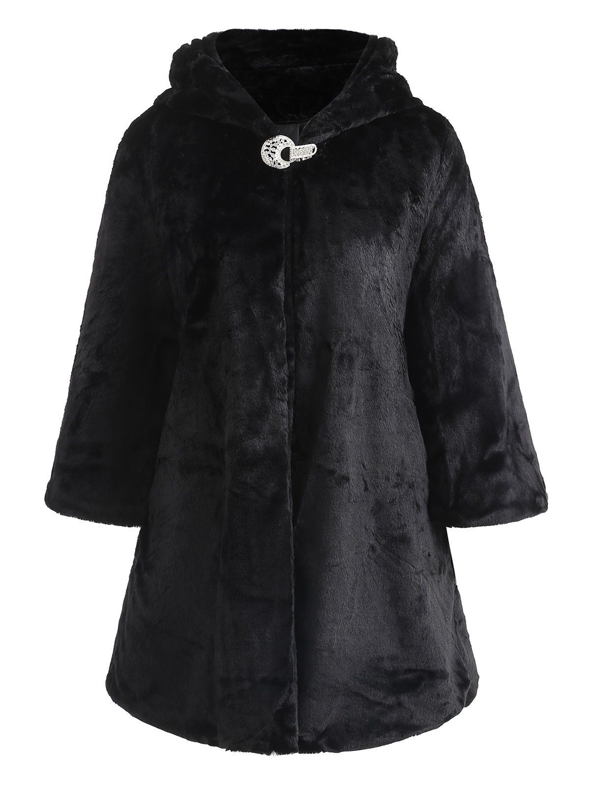 

Drop Shoulder Hooded Faux Fur Coat, Black