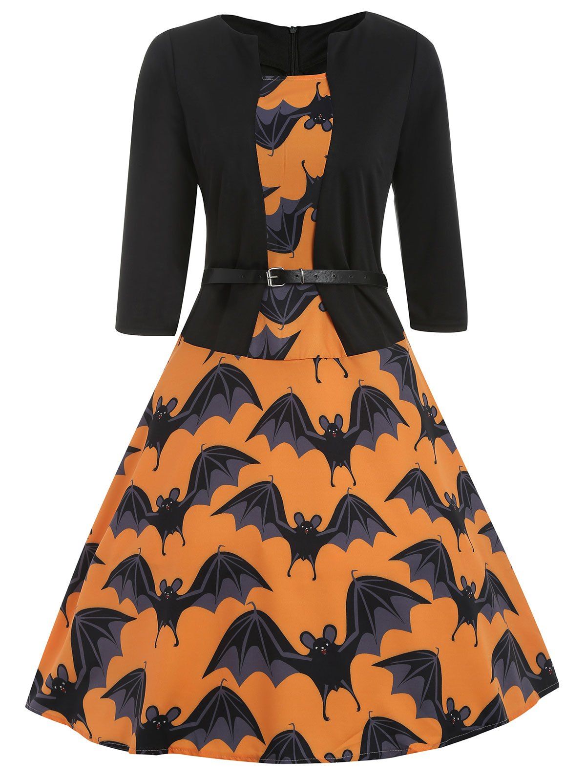 

Halloween Bats Print Three Qaurter Sleeve Dress, Bee yellow