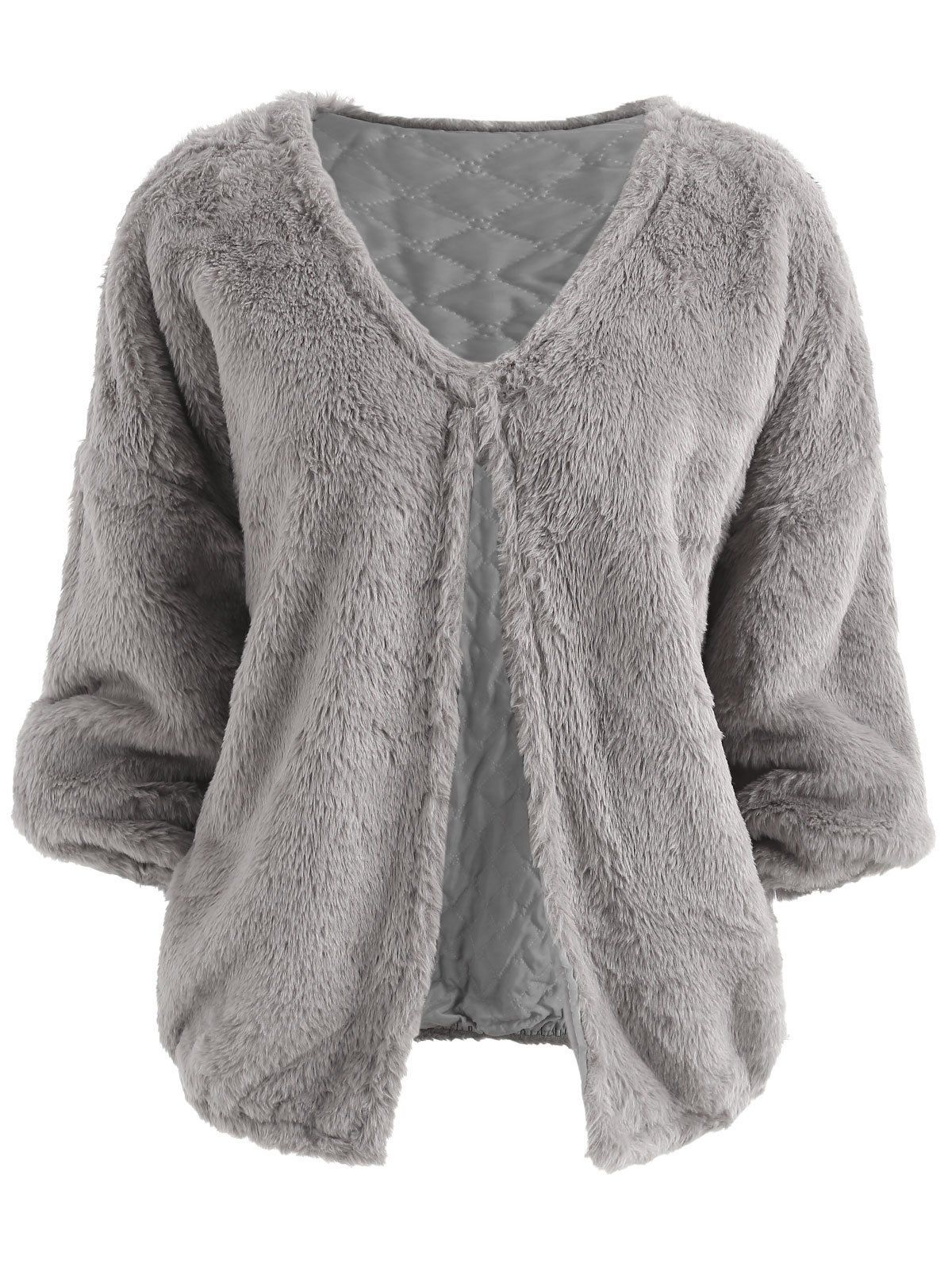 

Faux Fur Fluffy Drop Shoulder Coat, Gray