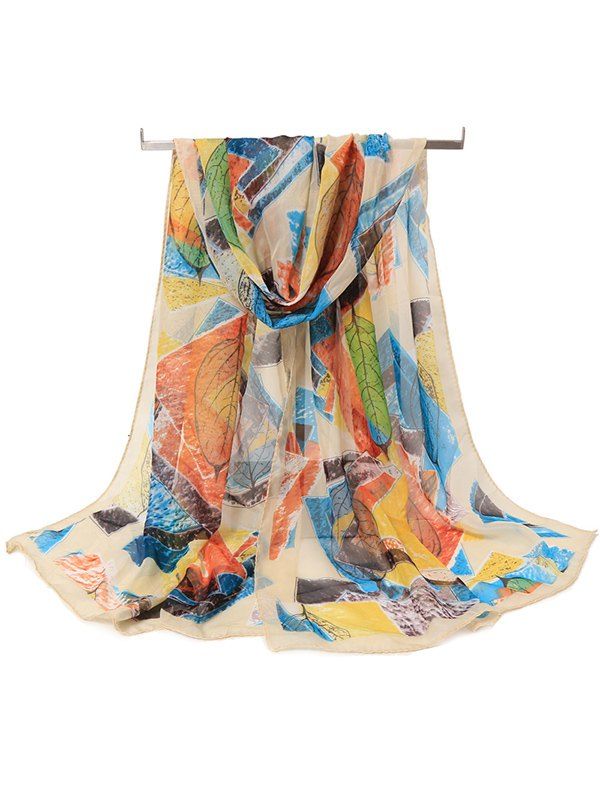 

Elegant Leaf Color Block Chiffon Scarf, Beige