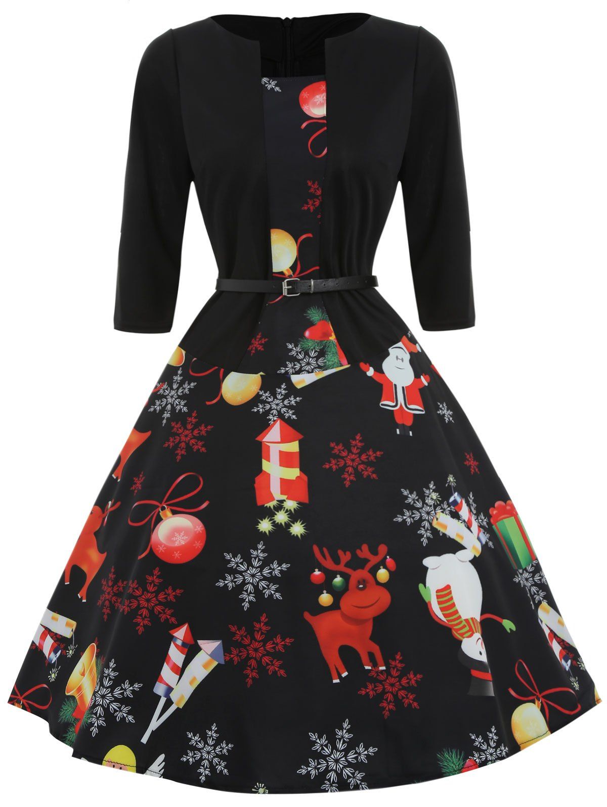 

Christmas Print Three Qaurter Sleeve Dress, Black