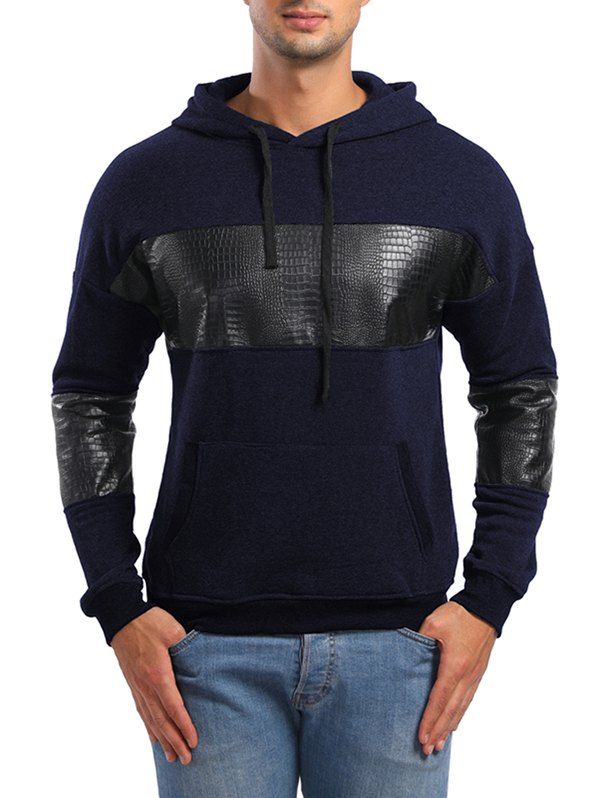 

PU Leather Spliced Pullover Hoodie, Dark slate blue