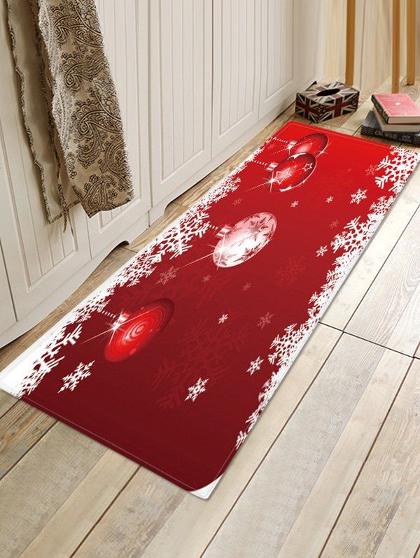 

Christmas Balls Snowflake Pattern Anti-skid Water Absorption Area Rug, Red