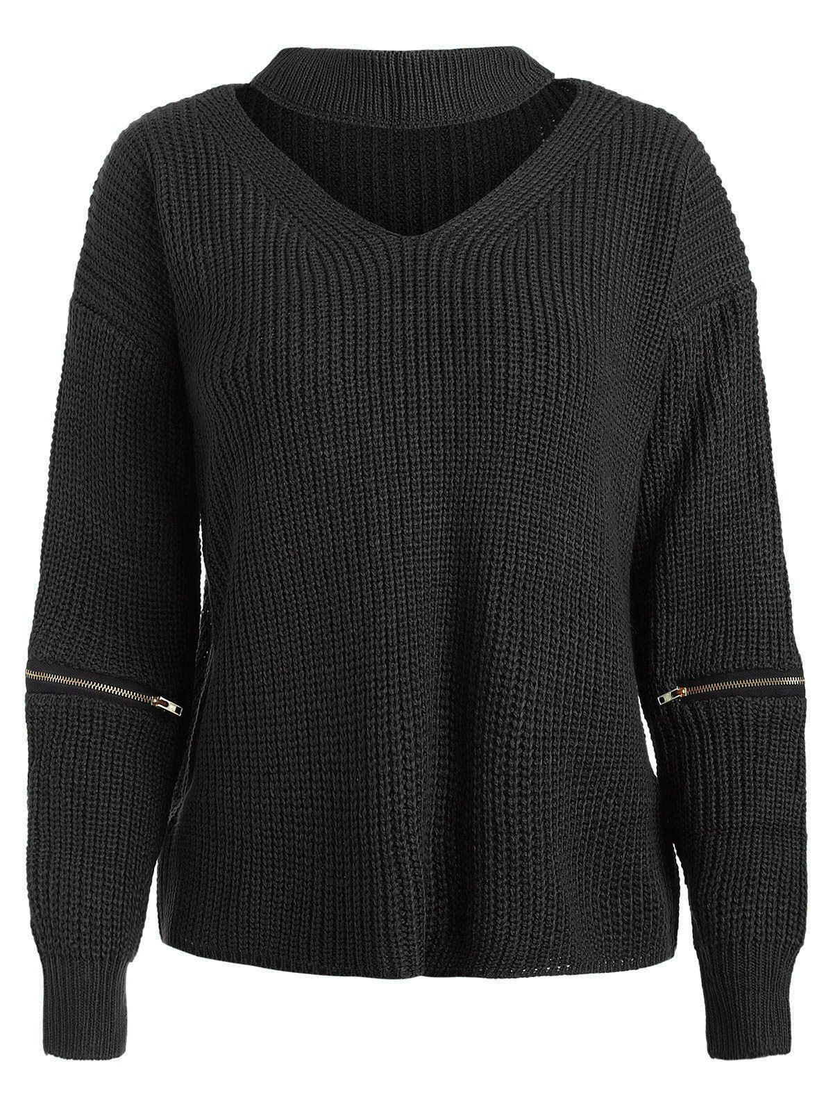 

Cut Out Choker Chunky Sweater, Black