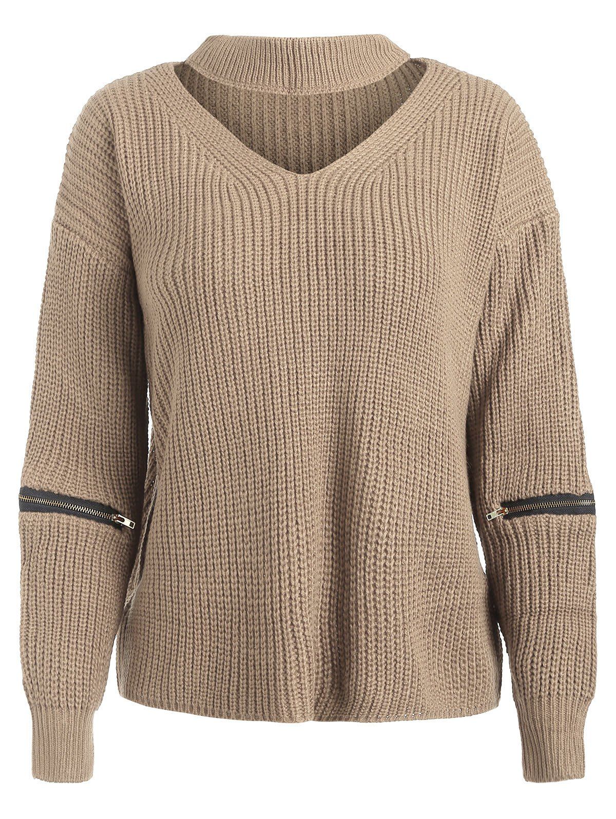 

Cut Out Choker Chunky Sweater, Light khaki