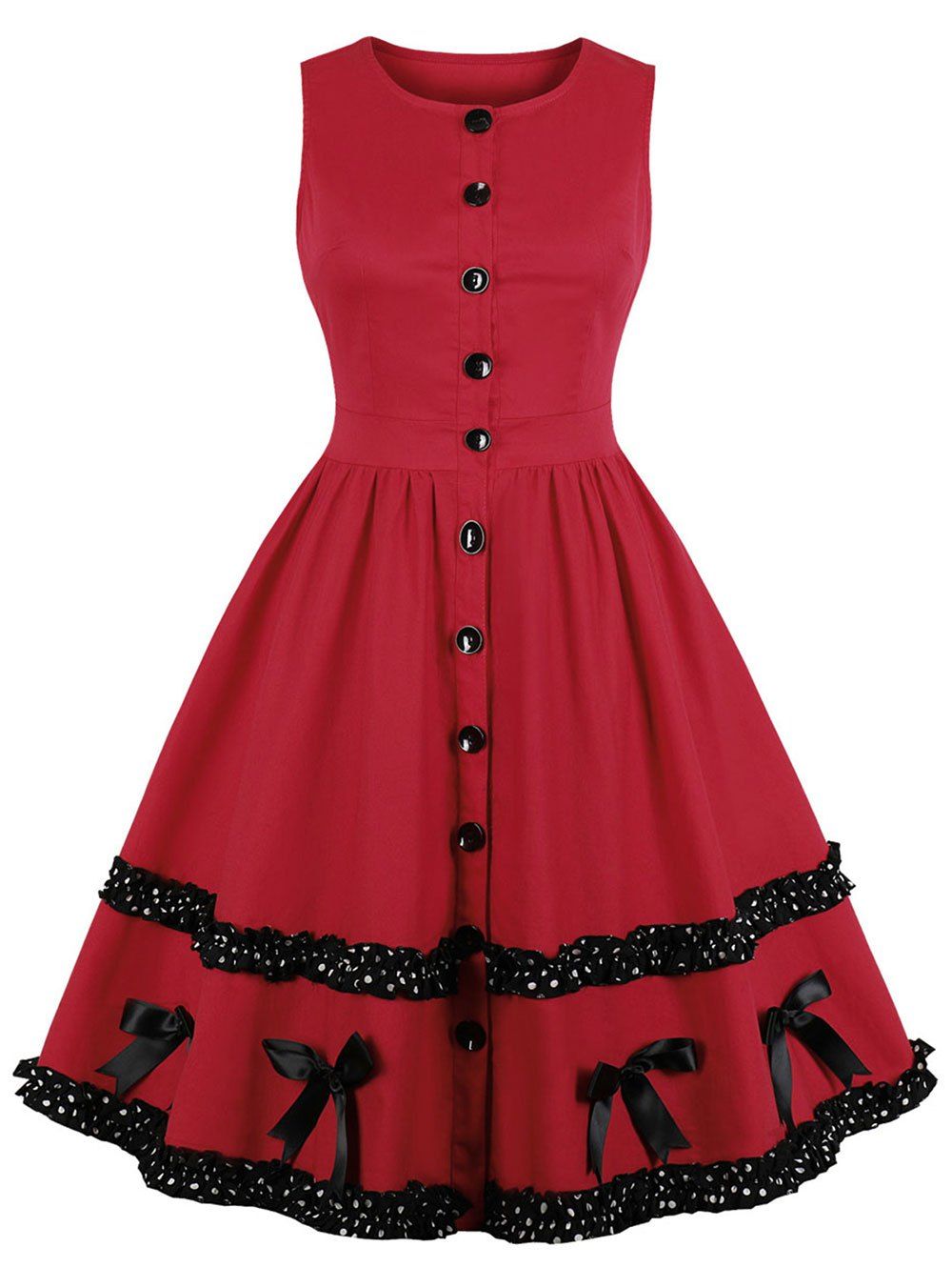 

Vintage Buttons Flounced Pin Up Dress, Red wine