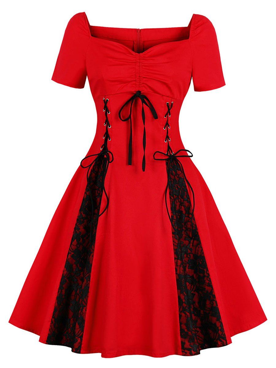 

Vintage Lace Insert Ruched Pin Up Dress, Ruby red