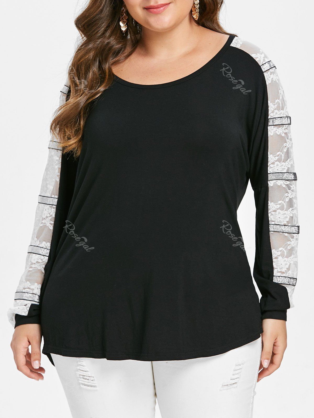 

Plus Size Lace Panel T-shirt, Black