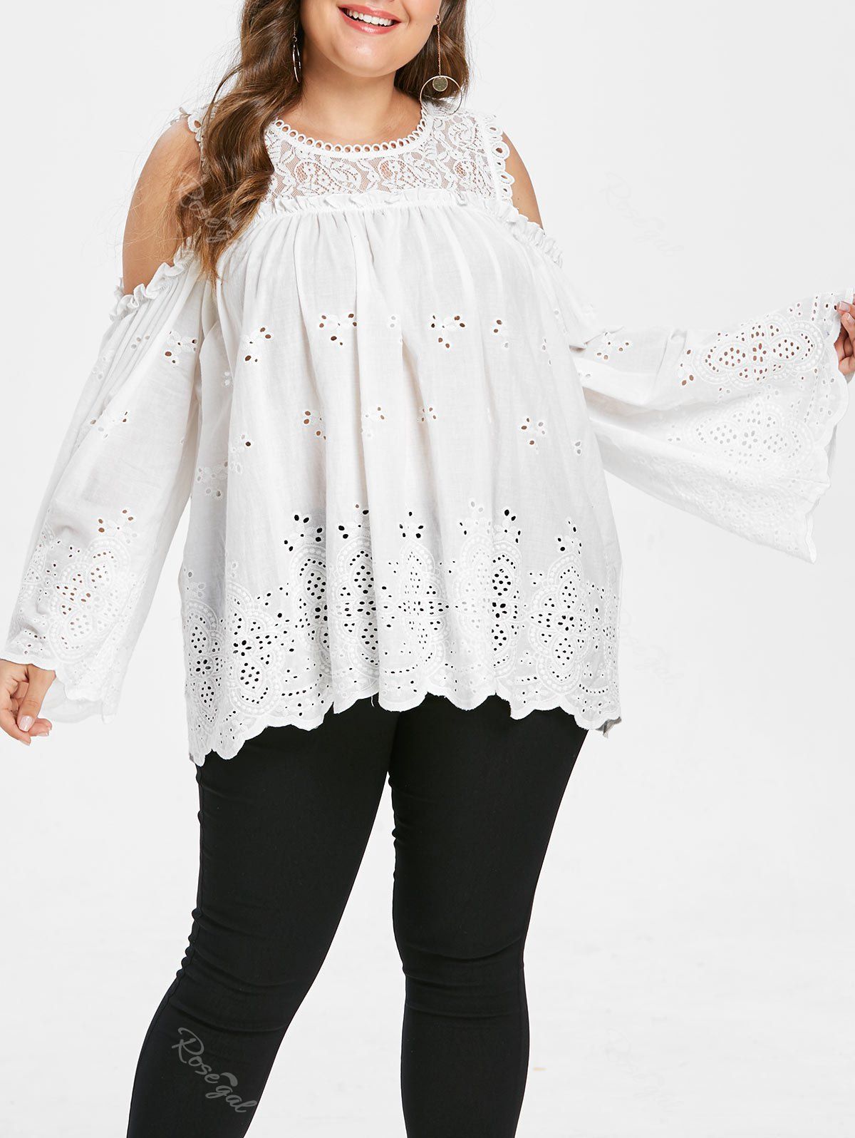 

Plus Size Openwork Ruffles Lace Panel Blouse, White
