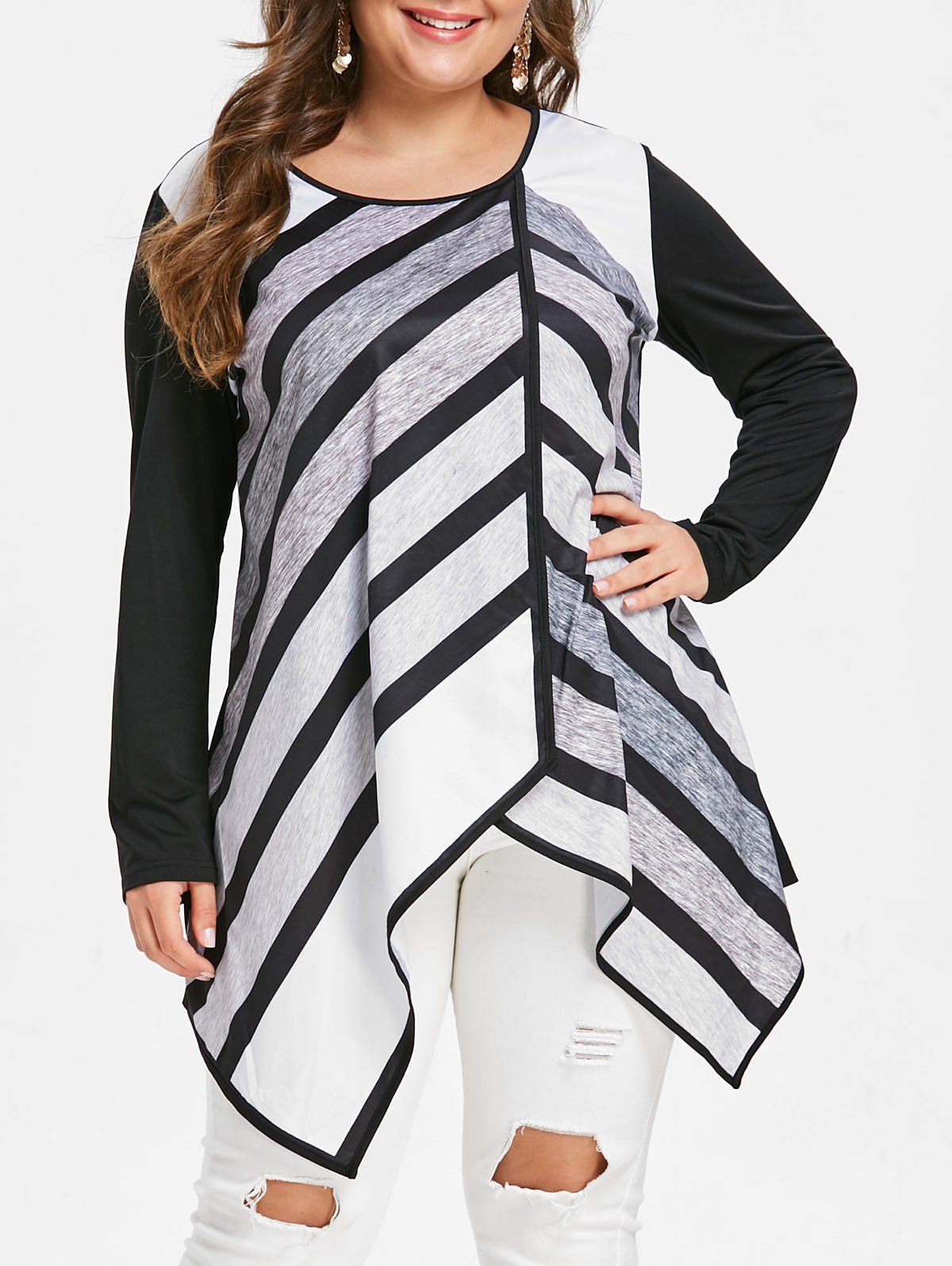 

Striped Plus Size Asymmetrical Top, Black