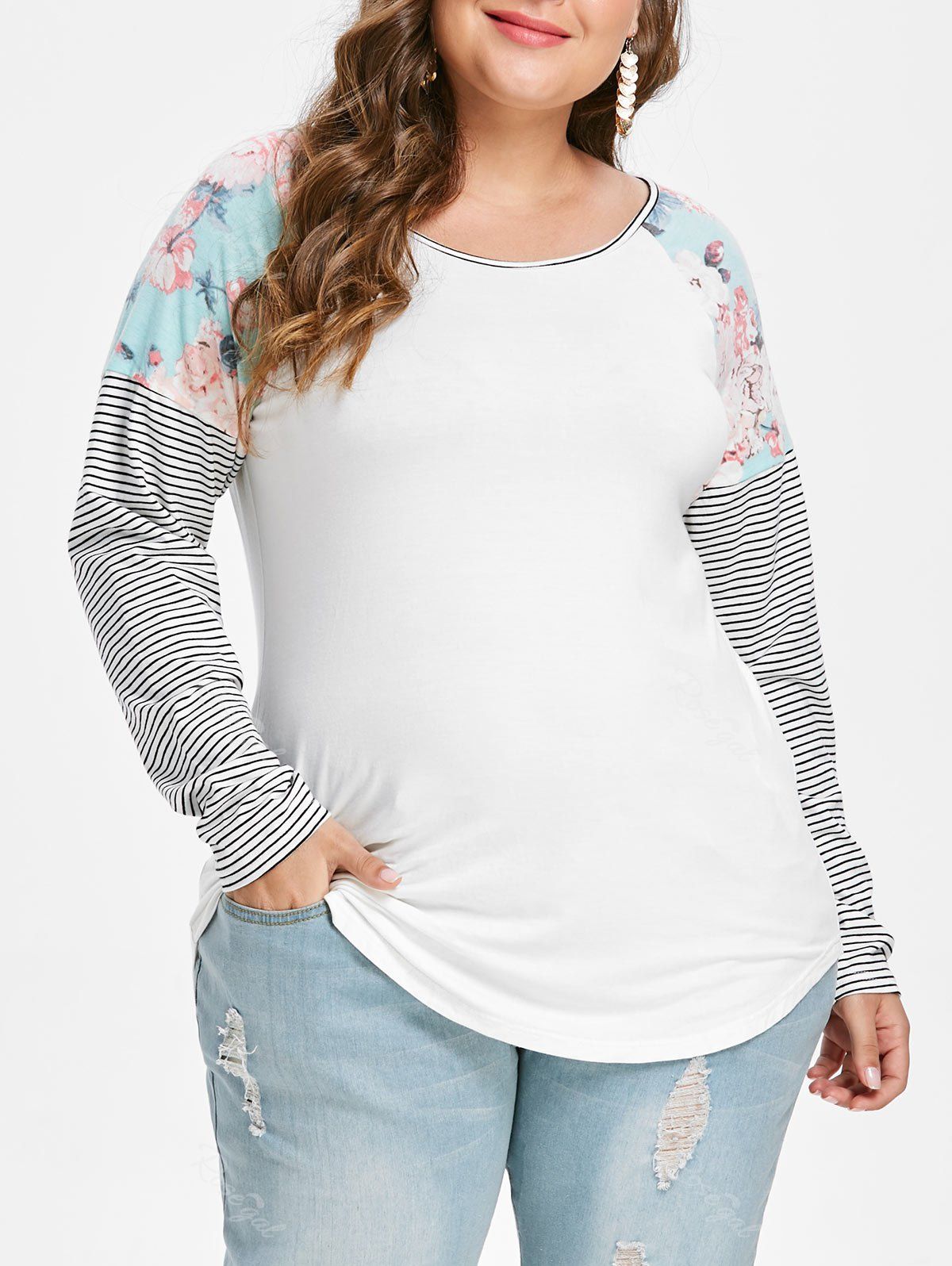 

Plus Size Striped Raglan Sleeve T-shirt, White