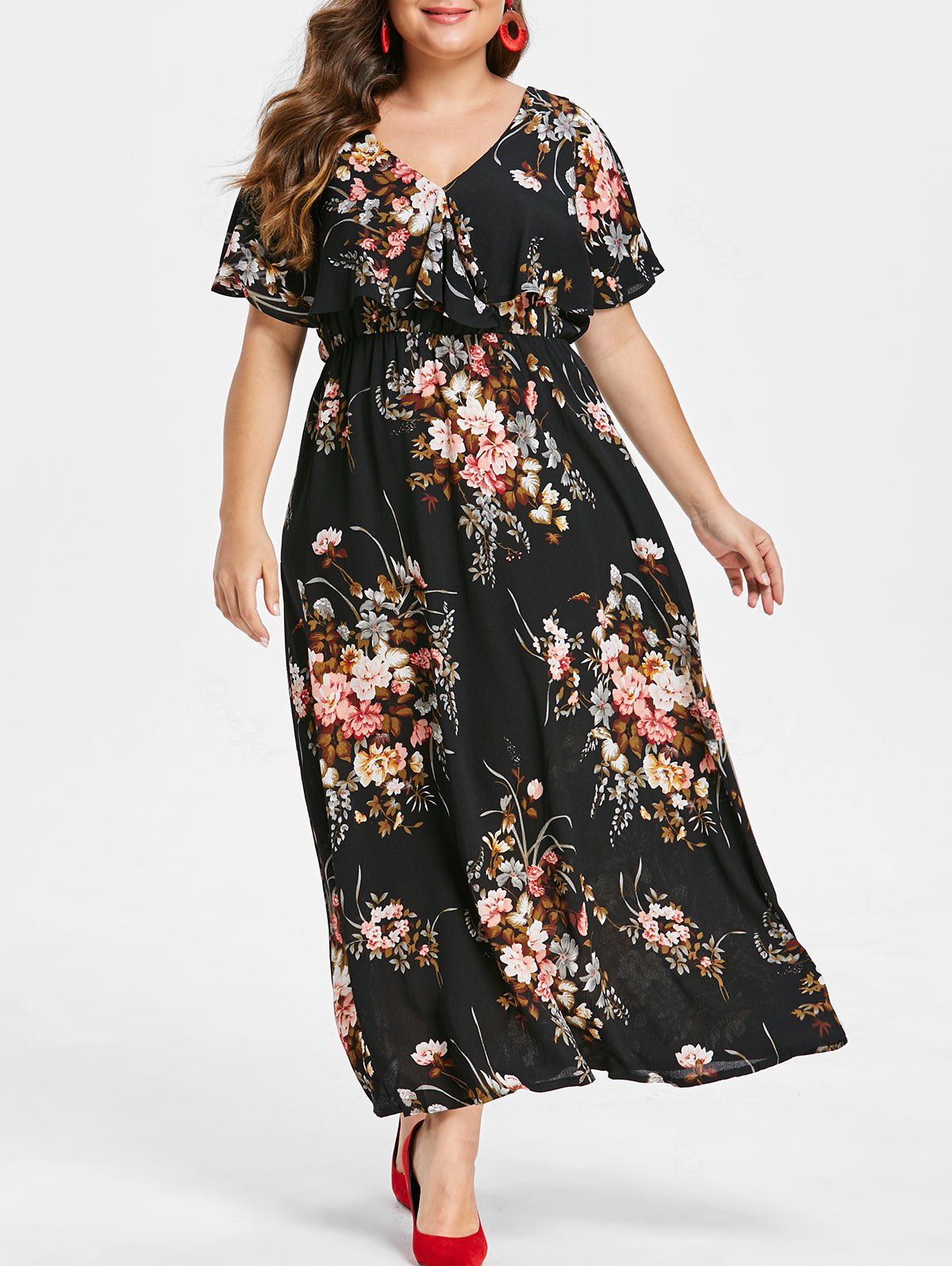 

Plus Size V Neck Floral Maxi Dress, Black