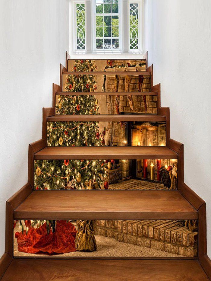 

Christmas Tree Fireplace Pattern Decorative Stair Stickers, Multi