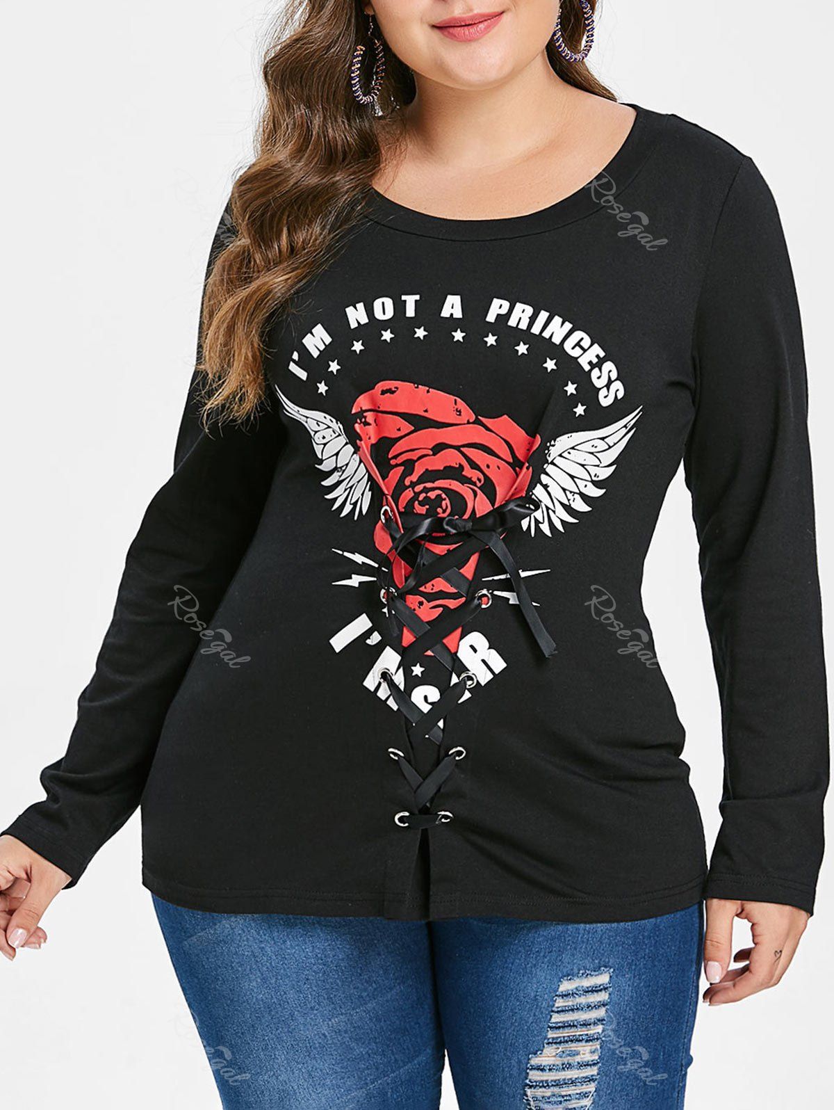 

Lace Up Plus Size Floral Print T-shirt, Black