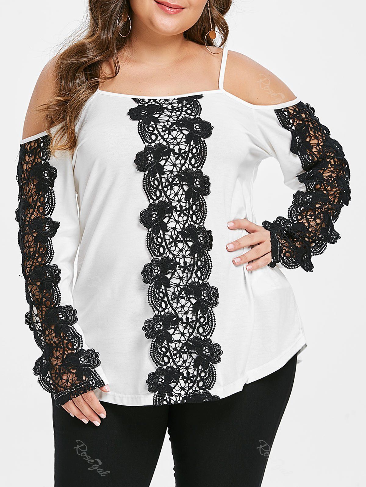 

Plus Size Contrast Lace Open Shoulder T-shirt, White