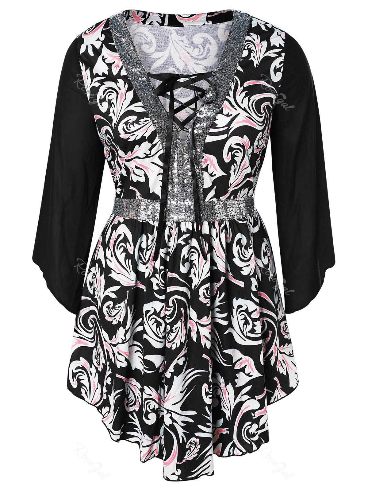 

Plus Size Printed Sequins Lace Up Blouse, Black