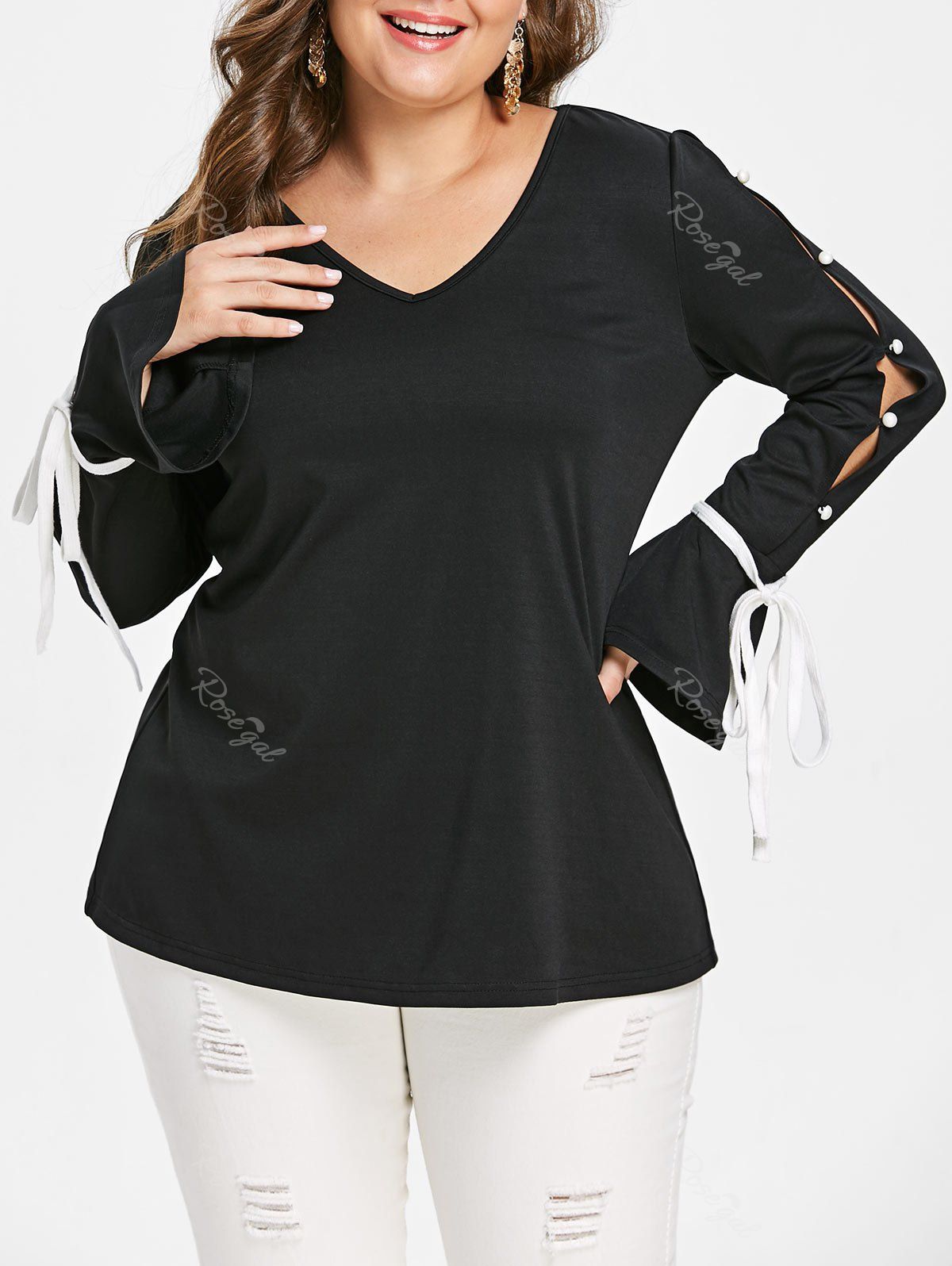 

Plus Size Tied Split Sleeve Tee, Black