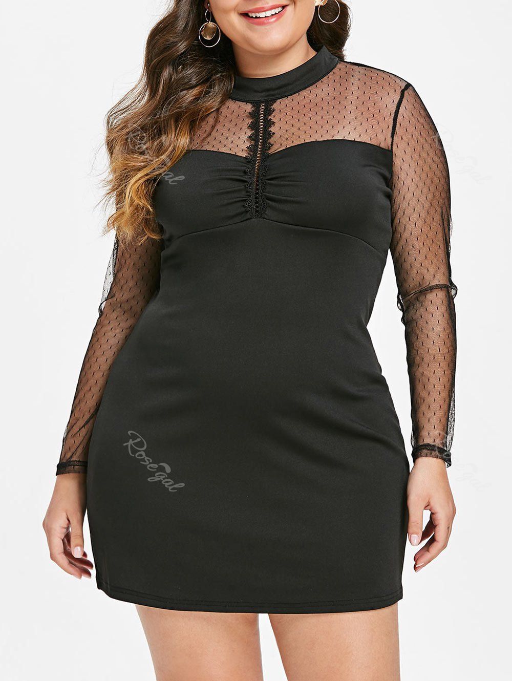 

Mesh Panel Plus Size Mock Neck Bodycon Dress, Black