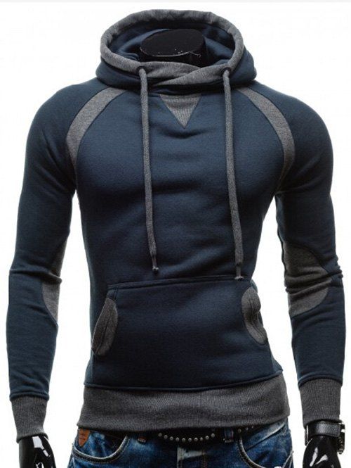 

Fleece Lined Stripe Contrast Pockets Hoodie, Dark slate blue