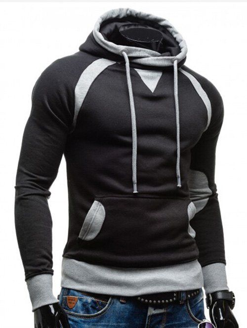 

Fleece Lined Stripe Contrast Pockets Hoodie, Black