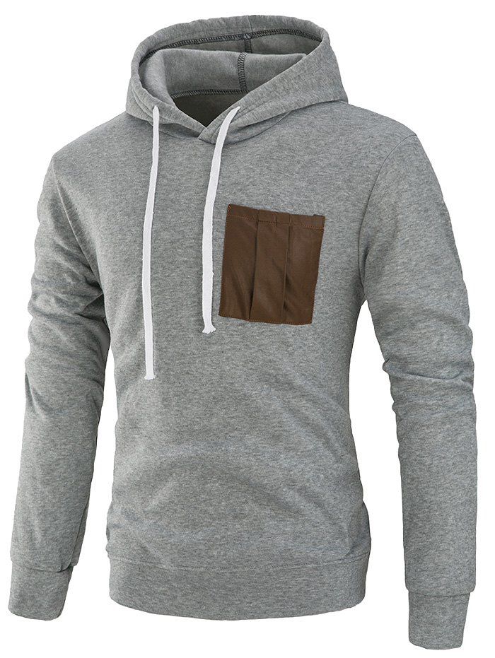 

Fleece Lined PU Leather Pocket Hoodie, Light gray