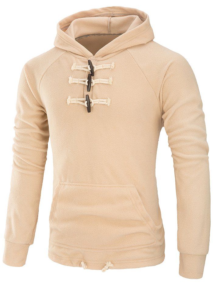 

Fleece Horn Button Kangaroo Pocket Hoodie, Beige