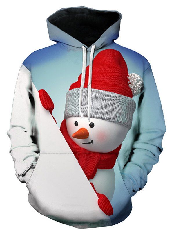 

3D Christmas Snowman Printed Contract Color Hoodie, Blue gray