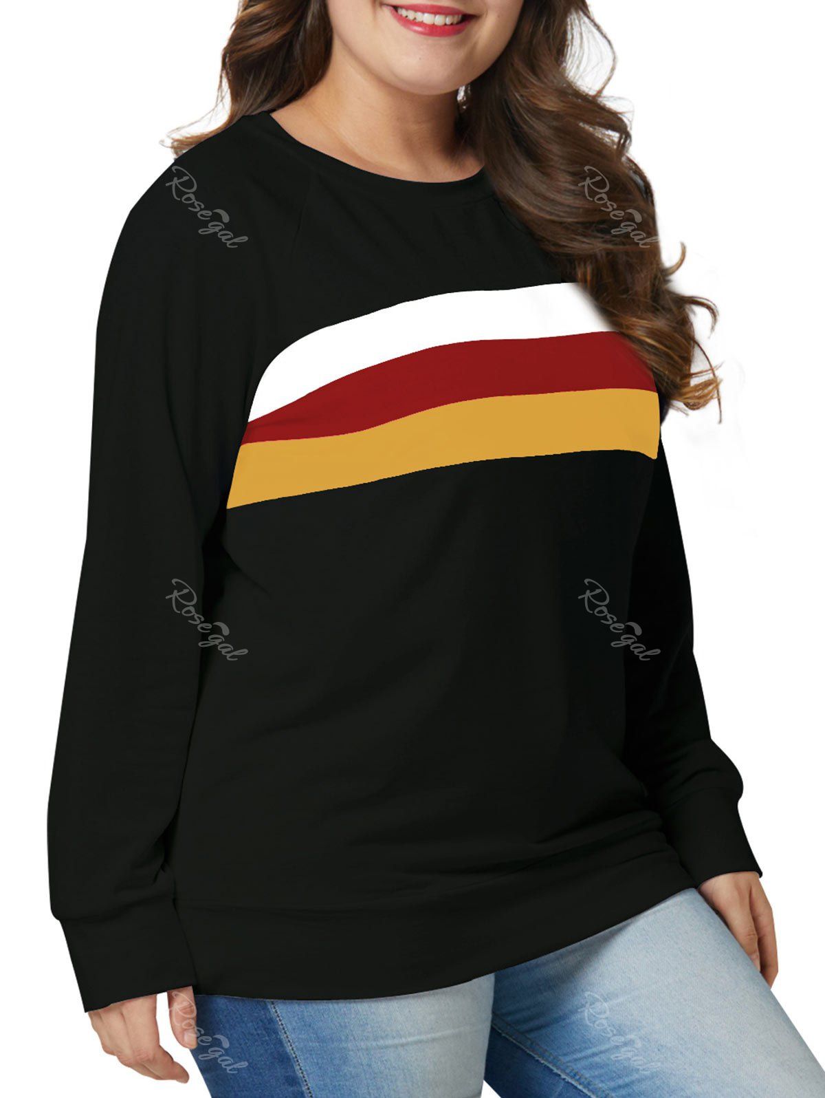 

Plus Size Raglan Sleeve Striped Sweatshirt, Black