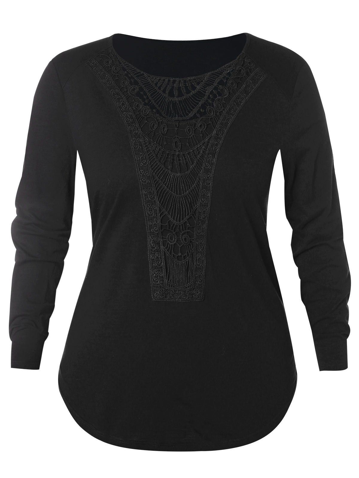 

Plus Size Crochet Lace Insert T-shirt, Black