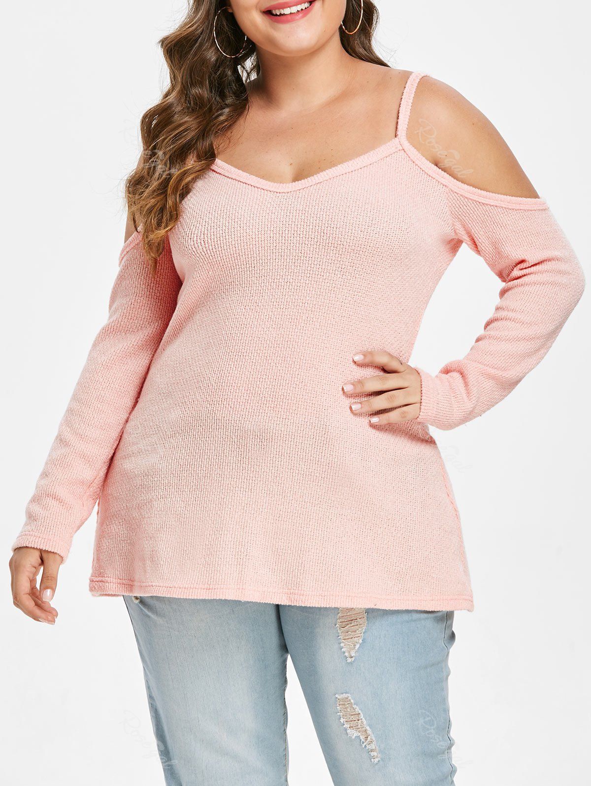 

Cold Shoulder Plus Size V Neck Sweater, Pink