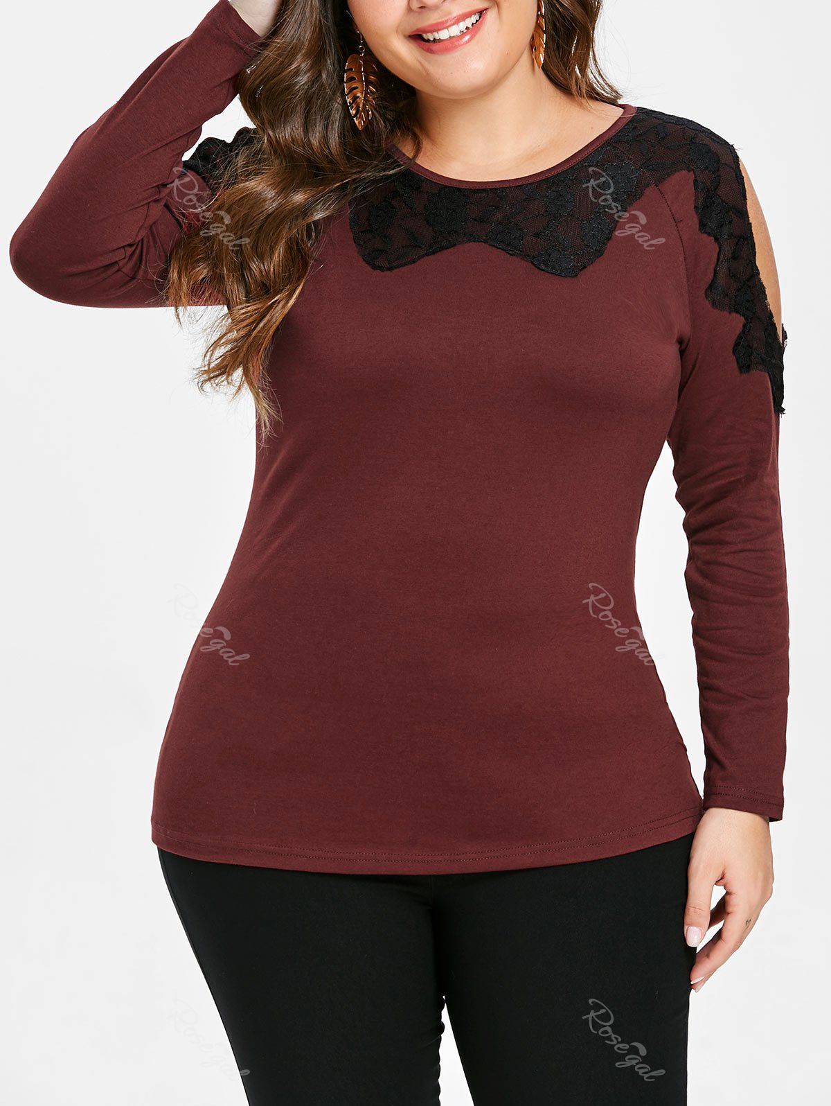 

Lace Panel Plus Size Cut Out Sleeve T-shirt, Red wine