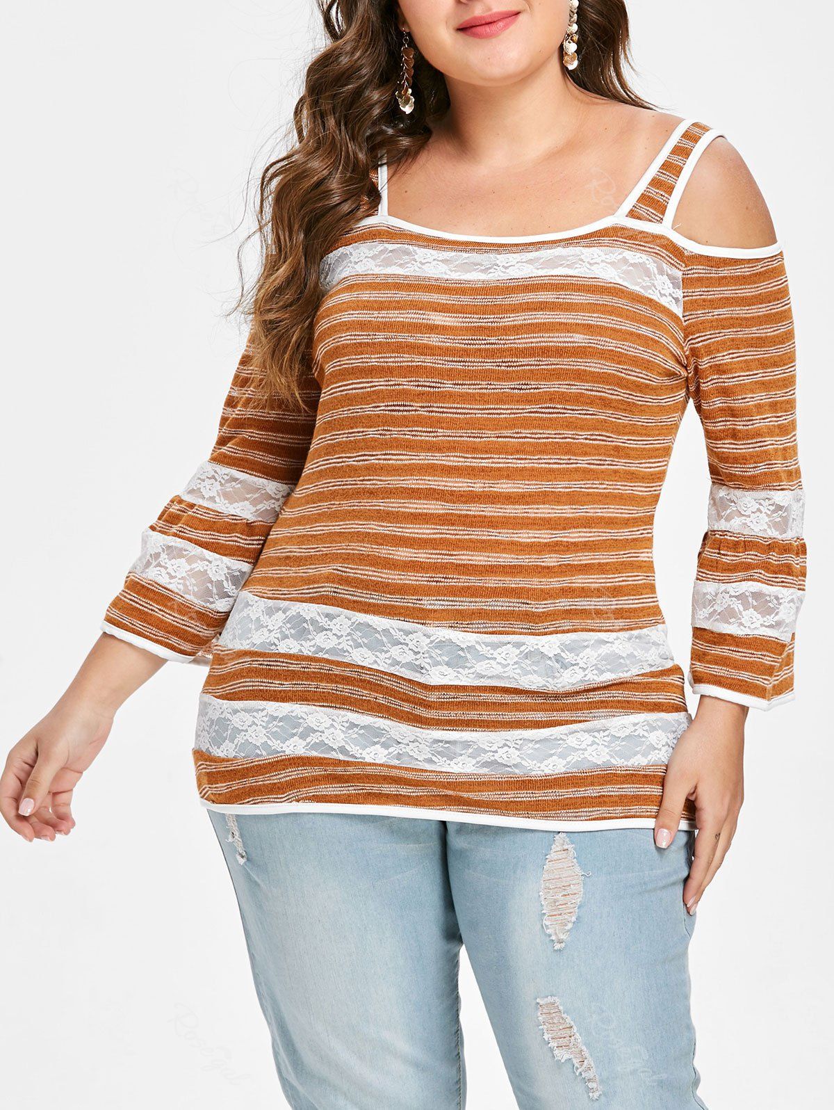 

Plus Size Cold Shoulder Lace Panel Stripe Knitwear, Chestnut red