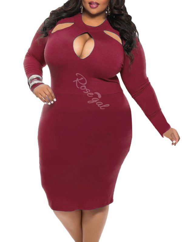 

Keyhole Neck Plus Size Bodycon Dress, Red wine