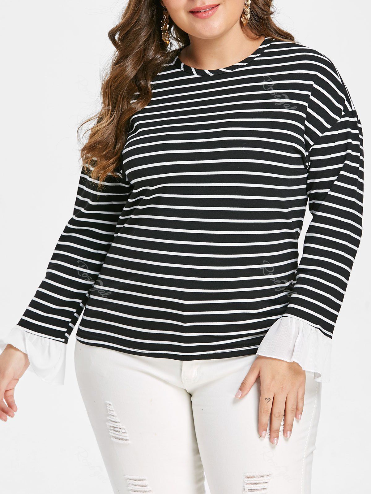 

Plus Size Drop Shoulder Striped T-shirt, Black