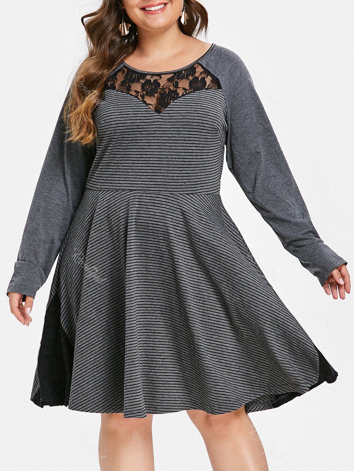 

Plus Size Lace Insert Striped Dress, Battleship gray