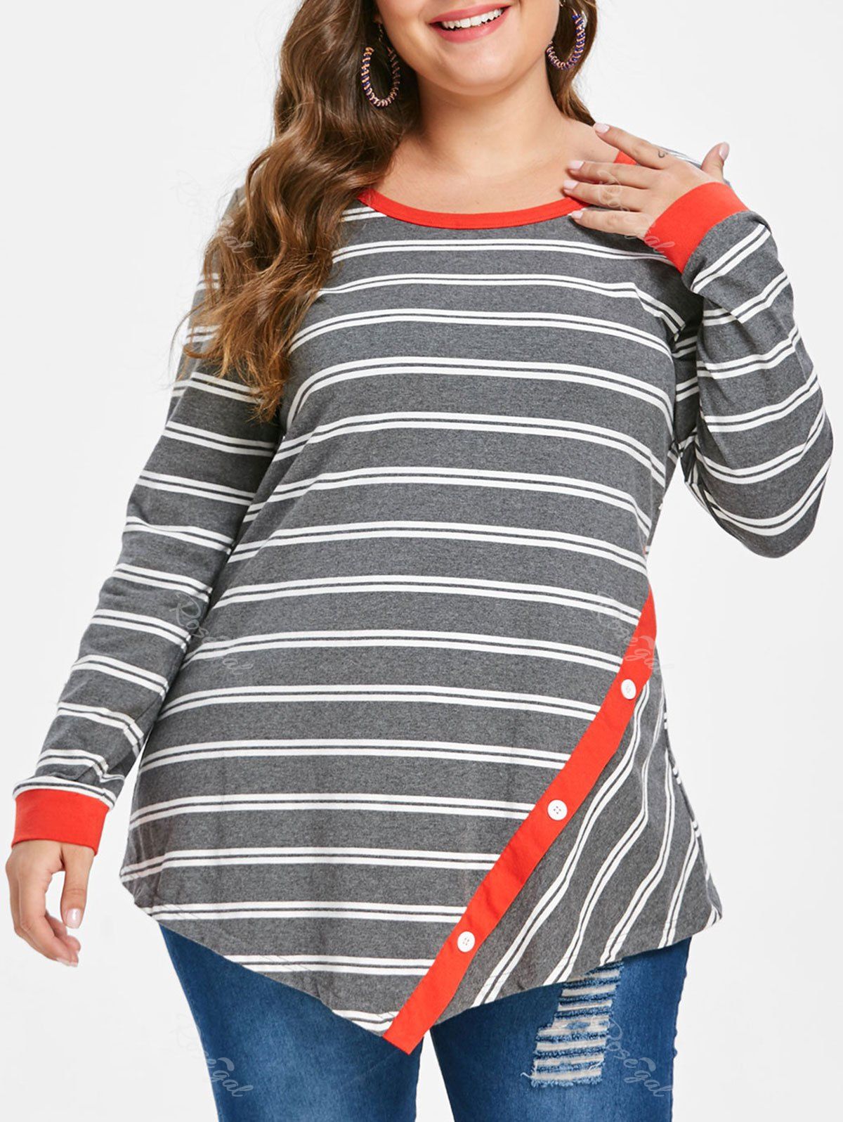 

Plus Size Buttons Stripe Long Sleeves Asymmetric Tee, Gray