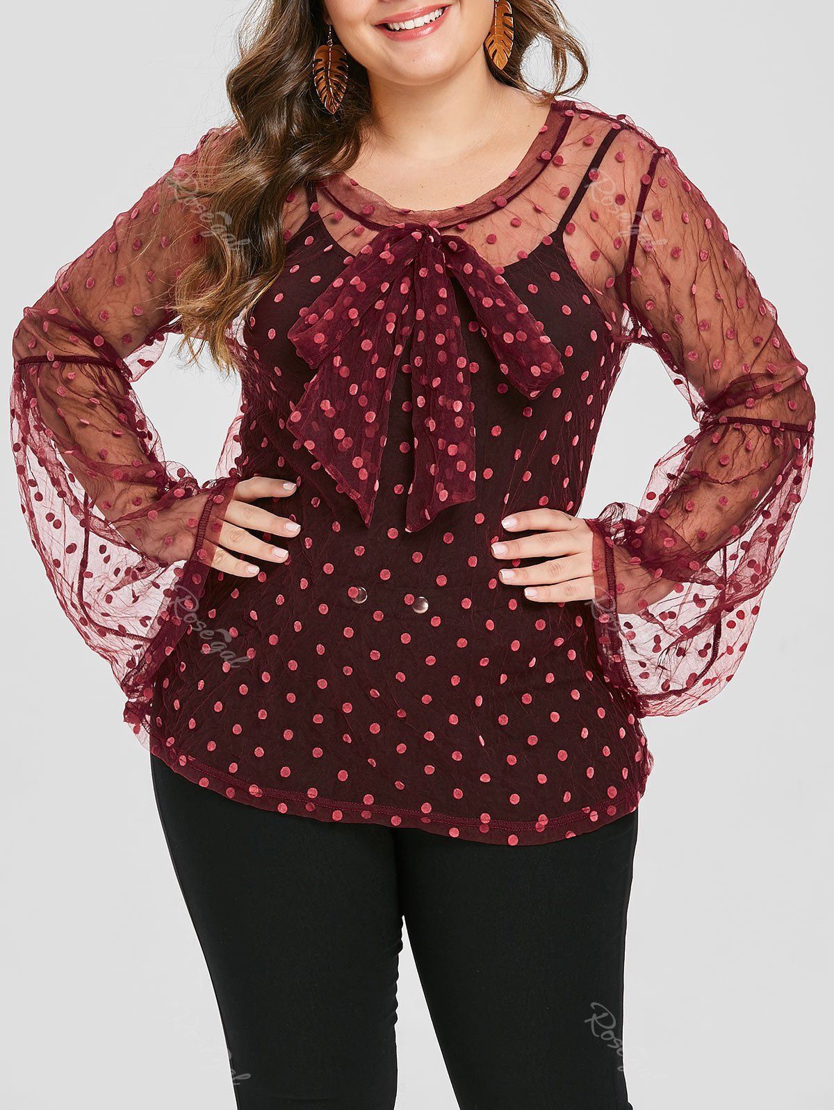 

Plus Size See Thru Blouse and Camisole, Red