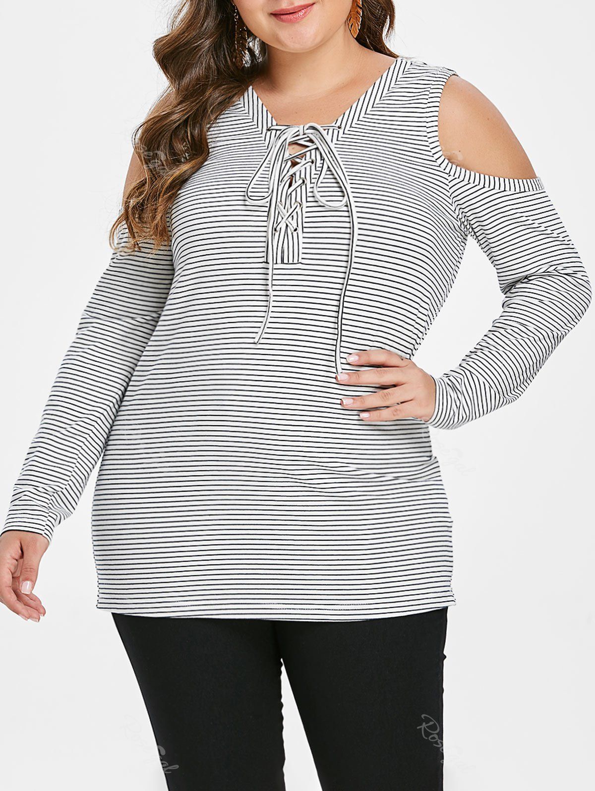 

Plus Size Exposed Shoulder Striped Long Sleeve T Shirt, Multi