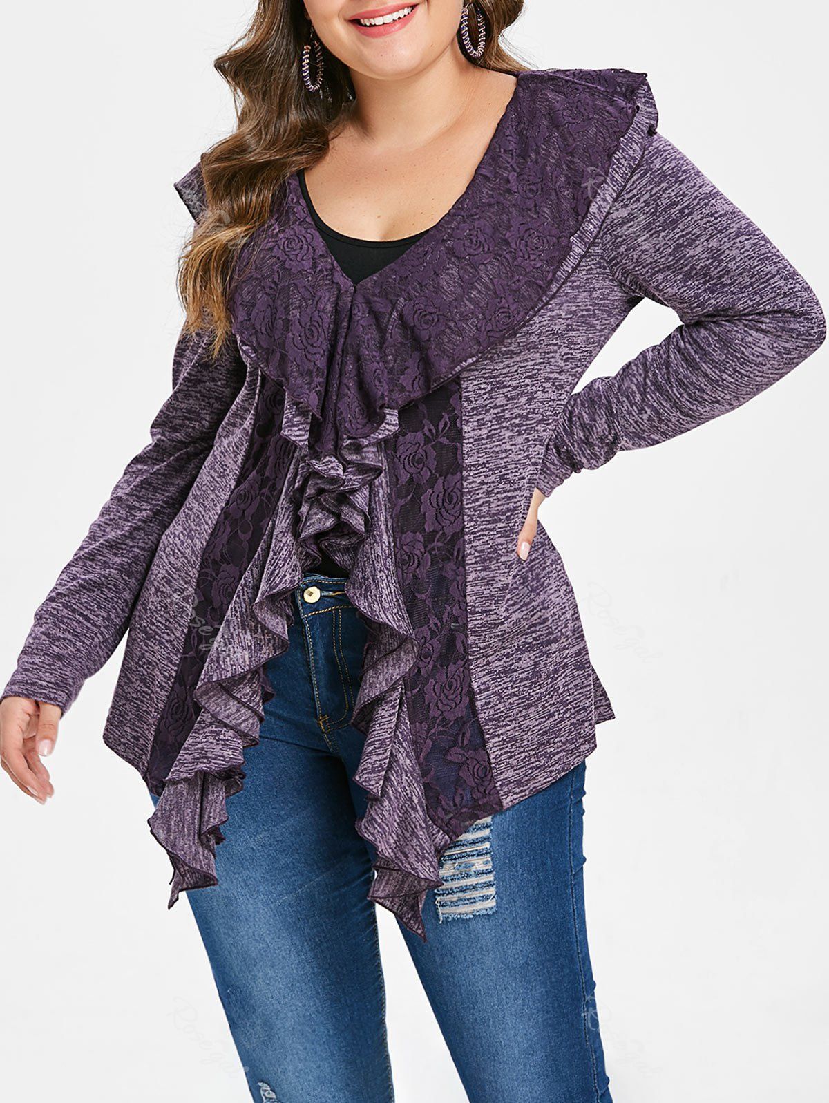 

Plus Size Ruffle Marled V Neck T-shirt, Purple