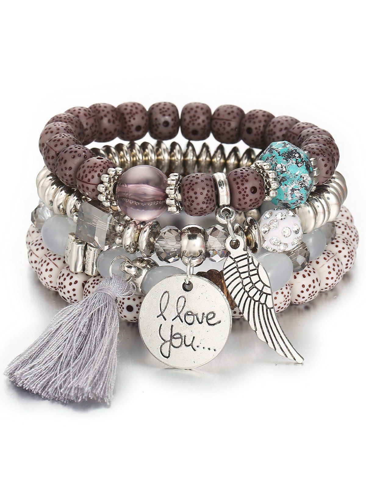 

Bohemian Wing Beaded Bracelet Set, Gray