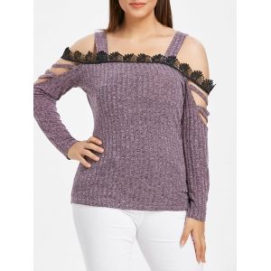 

Plus Size Lace Panel Ladder Cut Out Ribbed Tee, Jasmine purple