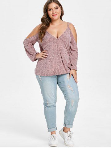 

Plus Size Open Shoulder Ribbed Knit Surplice T-shirt, Light pink
